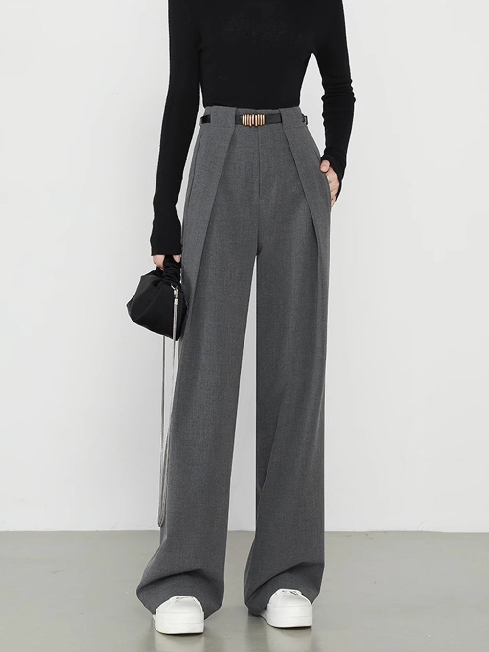 Commense High-Waist Wide-Leg Trousers in Gray